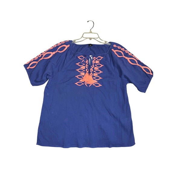 New Talbots Top Womens Size L Blue Pink Embroidered Cotton Tassel Peasant Blouse - Picture 6 of 8